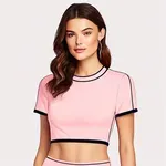 short-sleeved light pink crop top with dark pink trim image